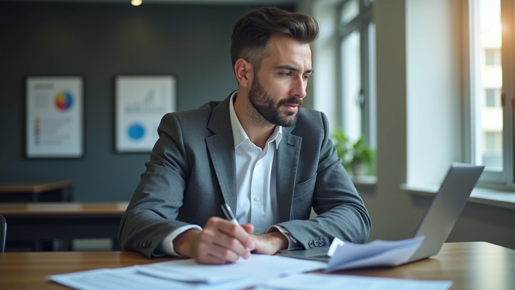 Stéphane Beaumont travaillant à son bureau d'analyse avec documents de données assurantiques et ordinateur portable