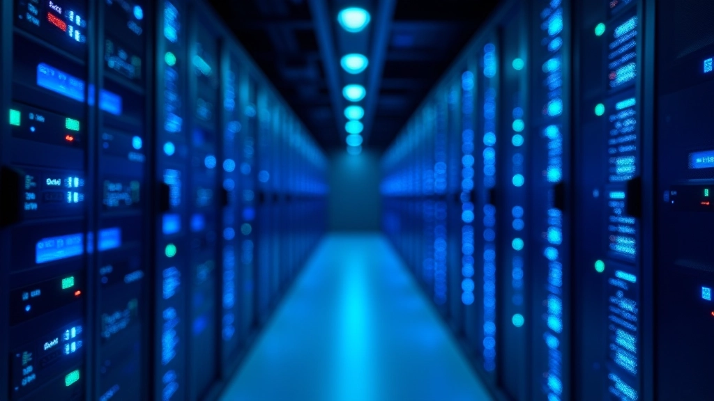 Centre de données avec serveurs illuminés par des LED bleues, représentant l'infrastructure informatique sécurisée pour les transactions d'assurance en ligne
