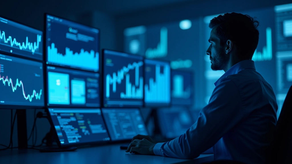 Centre de données d'assurance avec écrans affichant des graphiques financiers et des indicateurs de marché