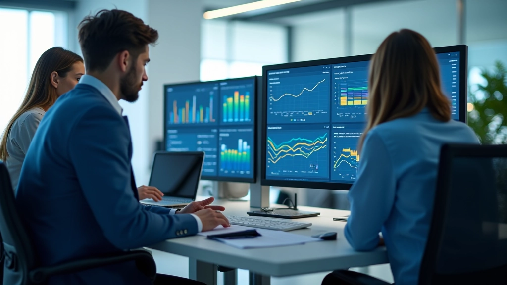 Équipe d'analyse de données d'assurance travaillant avec des graphiques et des tableaux de bord